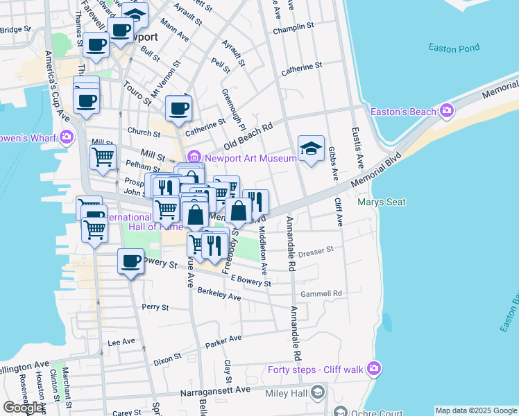 map of restaurants, bars, coffee shops, grocery stores, and more near 50 Memorial Boulevard in Newport