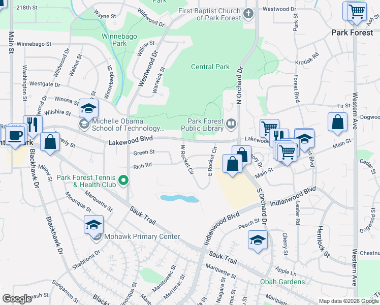 map of restaurants, bars, coffee shops, grocery stores, and more near 5 West Rocket Circle in Park Forest