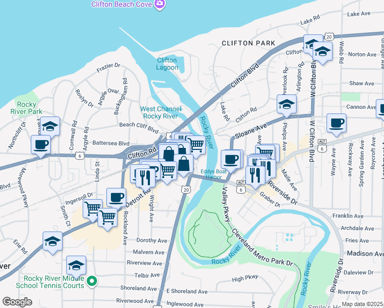 map of restaurants, bars, coffee shops, grocery stores, and more near 19000 Lake Road in Rocky River