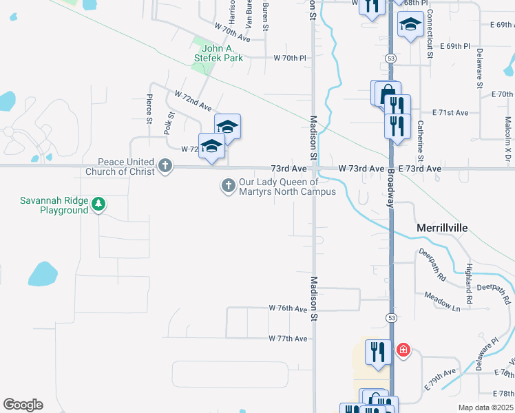 map of restaurants, bars, coffee shops, grocery stores, and more near 751 West 73rd Avenue in Merrillville