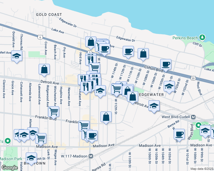 map of restaurants, bars, coffee shops, grocery stores, and more near 11500 Detroit Avenue in Cleveland