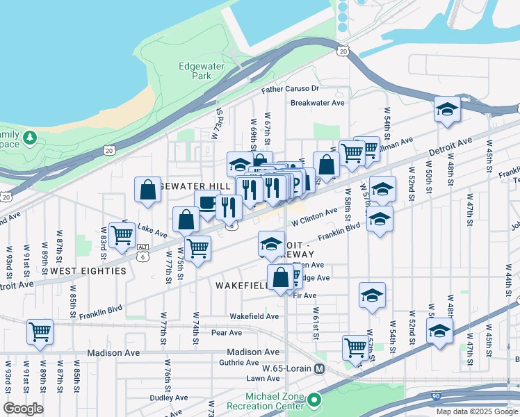 map of restaurants, bars, coffee shops, grocery stores, and more near 6710 Detroit Avenue in Cleveland