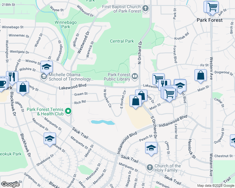 map of restaurants, bars, coffee shops, grocery stores, and more near 206 Rich Road in Park Forest