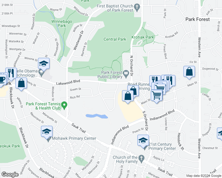 map of restaurants, bars, coffee shops, grocery stores, and more near 206 Rich Road in Park Forest