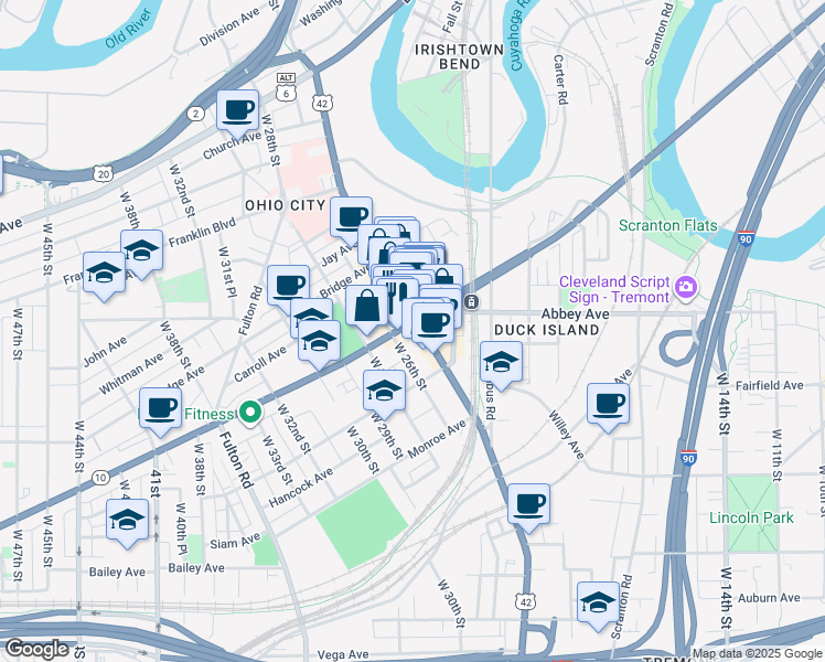 map of restaurants, bars, coffee shops, grocery stores, and more near 2012 West 25th Street in Cleveland