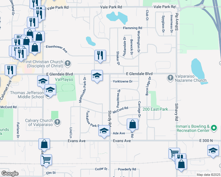 map of restaurants, bars, coffee shops, grocery stores, and more near 2005 Chamblee Drive in Valparaiso