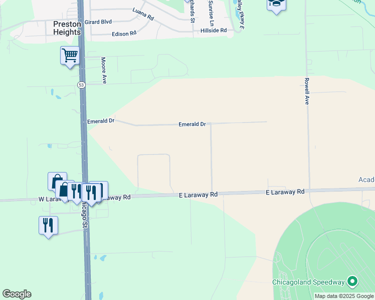 map of restaurants, bars, coffee shops, grocery stores, and more near 250 Emerald Drive in Joliet