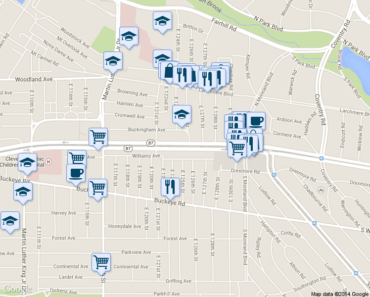 map of restaurants, bars, coffee shops, grocery stores, and more near 12750 Shaker Boulevard in Cleveland