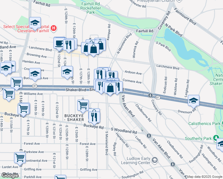 map of restaurants, bars, coffee shops, grocery stores, and more near Shaker Square in Cleveland