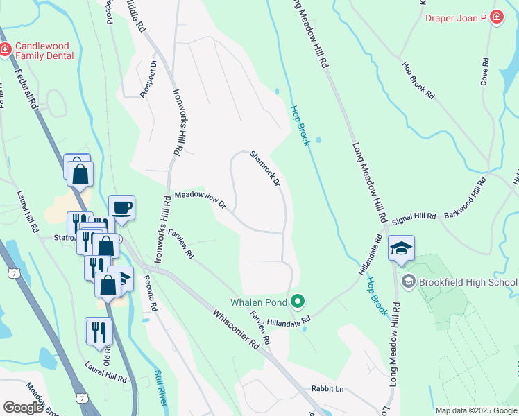 map of restaurants, bars, coffee shops, grocery stores, and more near 20 Meadowview Drive in Brookfield