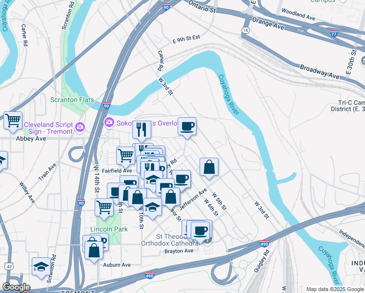map of restaurants, bars, coffee shops, grocery stores, and more near 2175 West 5th Street in Cleveland