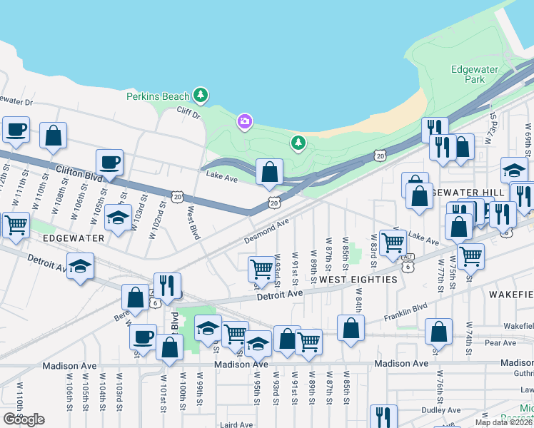 map of restaurants, bars, coffee shops, grocery stores, and more near in Cleveland