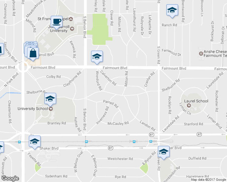 map of restaurants, bars, coffee shops, grocery stores, and more near 22149 Shelburne Road in Shaker Heights