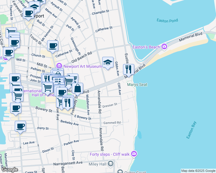 map of restaurants, bars, coffee shops, grocery stores, and more near 83 Memorial Boulevard in Newport