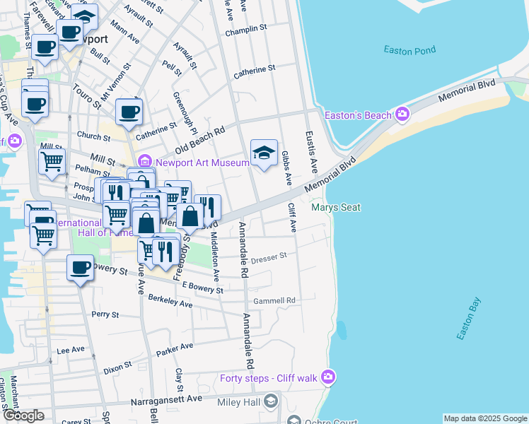 map of restaurants, bars, coffee shops, grocery stores, and more near 83 Memorial Boulevard in Newport