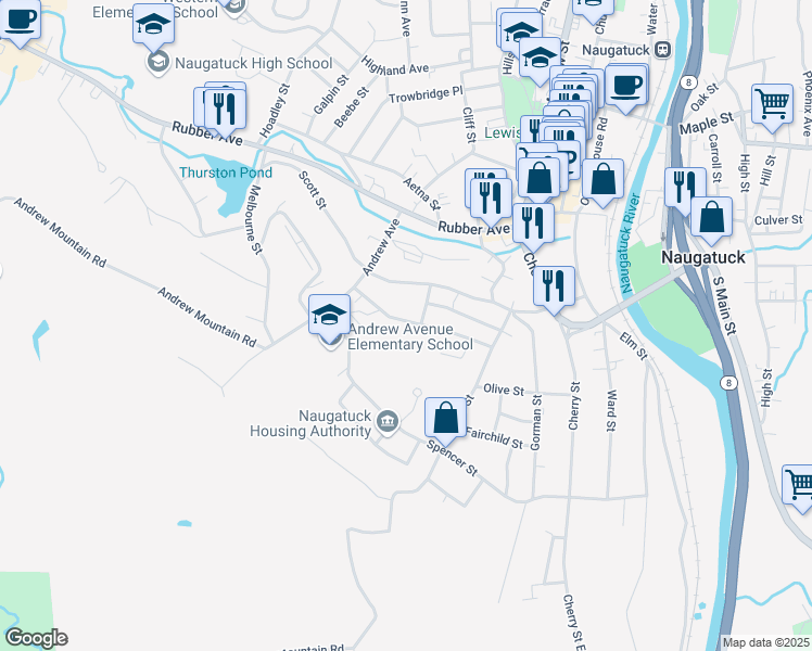 map of restaurants, bars, coffee shops, grocery stores, and more near 80 Manners Avenue in Naugatuck