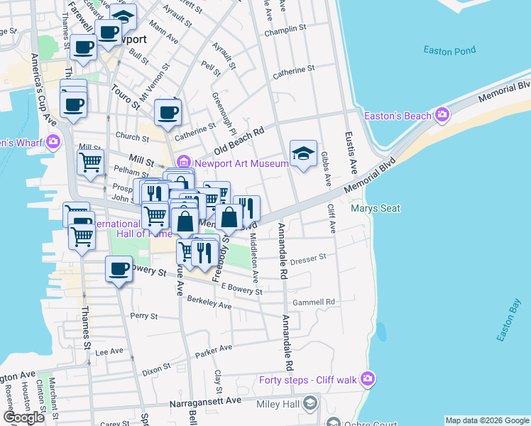 map of restaurants, bars, coffee shops, grocery stores, and more near 50 Memorial Boulevard in Newport