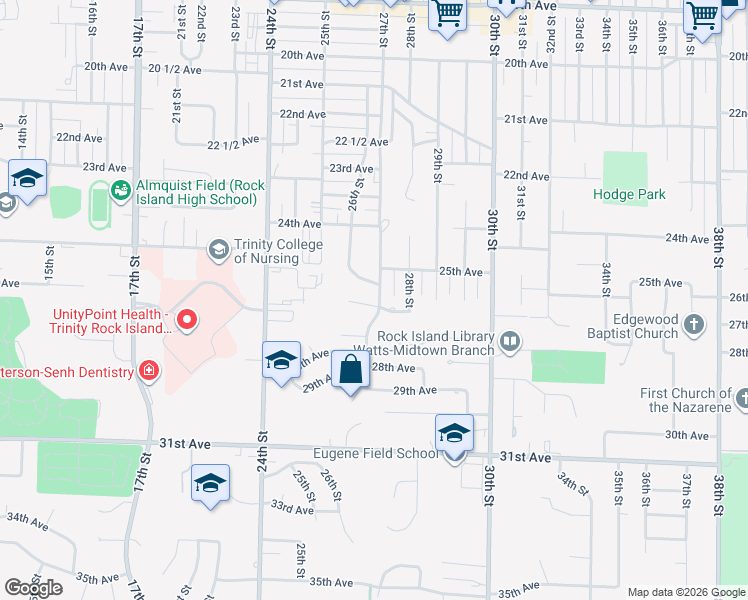 map of restaurants, bars, coffee shops, grocery stores, and more near 2604 27th Street in Rock Island