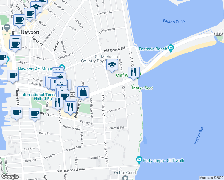 map of restaurants, bars, coffee shops, grocery stores, and more near 83 Memorial Boulevard in Newport
