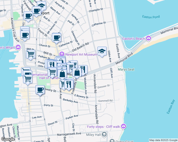 map of restaurants, bars, coffee shops, grocery stores, and more near 50 Memorial Boulevard in Newport