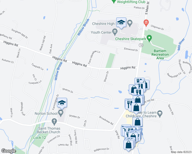 map of restaurants, bars, coffee shops, grocery stores, and more near 25 Heritage Drive in Cheshire