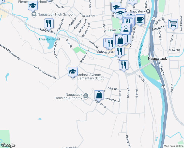 map of restaurants, bars, coffee shops, grocery stores, and more near 75 Manners Avenue in Naugatuck