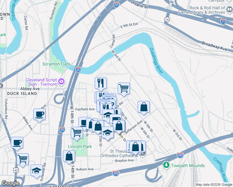 map of restaurants, bars, coffee shops, grocery stores, and more near 2144 West 6th Street in Cleveland