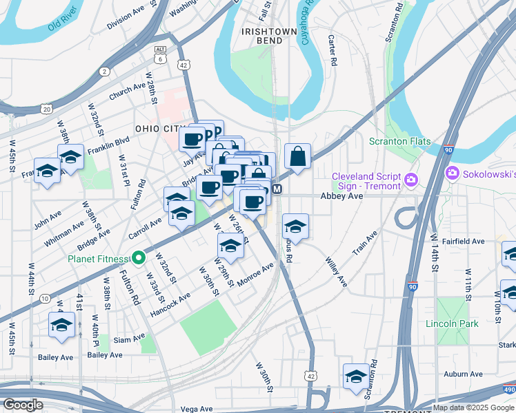 map of restaurants, bars, coffee shops, grocery stores, and more near 2061 Gehring Avenue in Cleveland