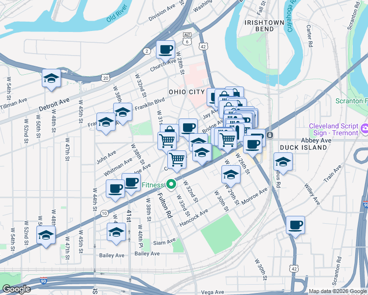 map of restaurants, bars, coffee shops, grocery stores, and more near 1881 West 30th Street in Cleveland