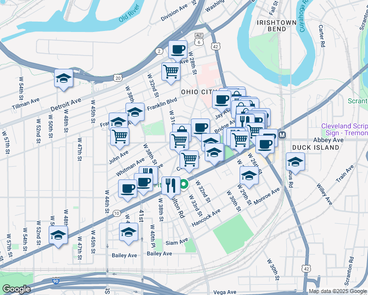 map of restaurants, bars, coffee shops, grocery stores, and more near 1883 Fulton Road in Cleveland