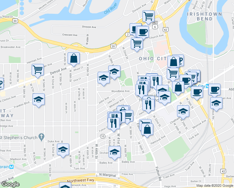map of restaurants, bars, coffee shops, grocery stores, and more near 3905 Woodbine Avenue in Cleveland