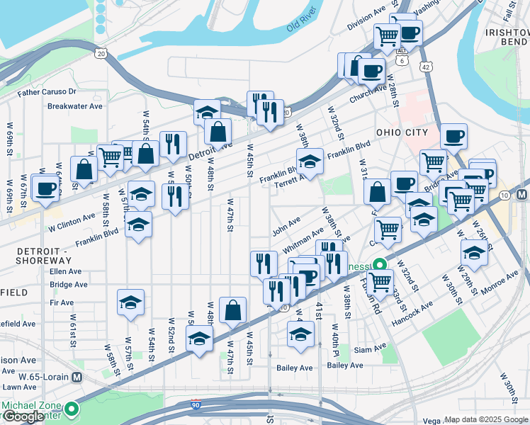 map of restaurants, bars, coffee shops, grocery stores, and more near 1826 West 44th Street in Cleveland