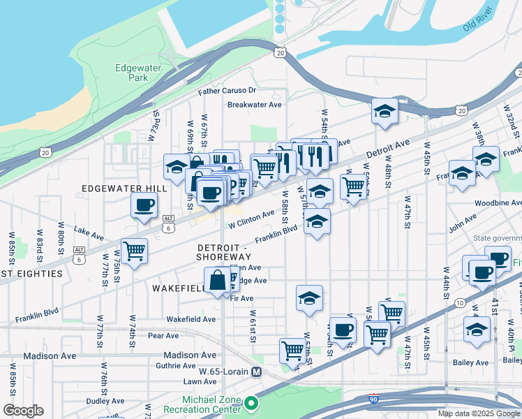 map of restaurants, bars, coffee shops, grocery stores, and more near 5912 West Clinton Avenue in Cleveland