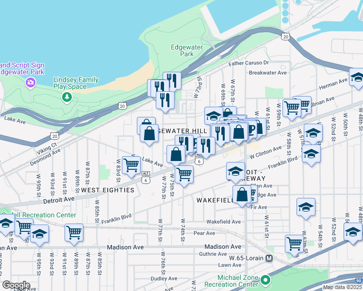 map of restaurants, bars, coffee shops, grocery stores, and more near 7503 Herman Avenue in Cleveland