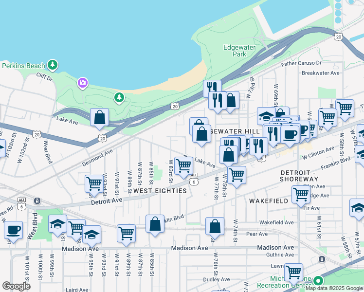 map of restaurants, bars, coffee shops, grocery stores, and more near 1308 West 80th Street in Cleveland