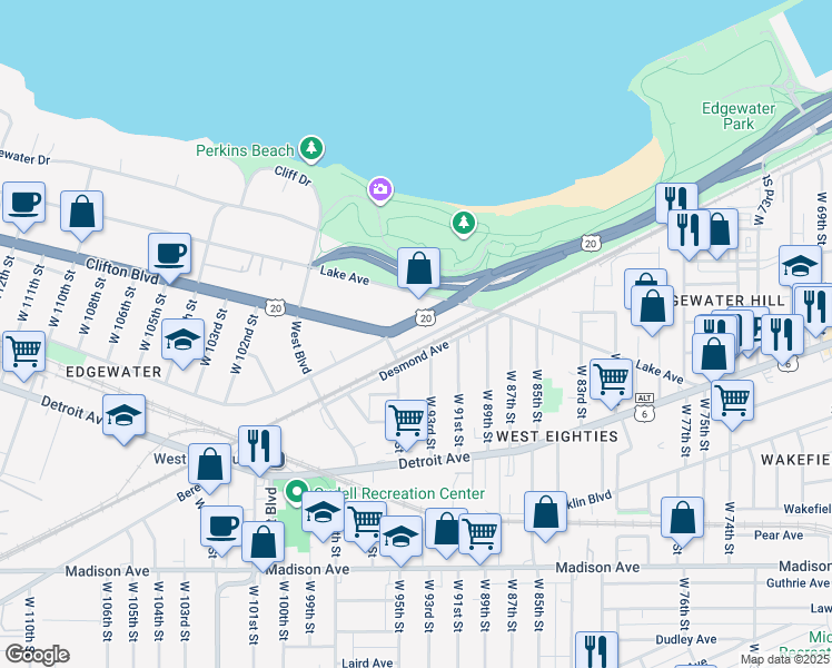 map of restaurants, bars, coffee shops, grocery stores, and more near in Cleveland