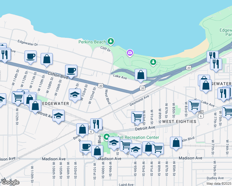 map of restaurants, bars, coffee shops, grocery stores, and more near 9803 Clifton Boulevard in Cleveland