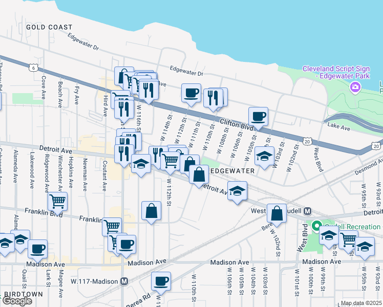 map of restaurants, bars, coffee shops, grocery stores, and more near 1338 West 111th Street in Cleveland