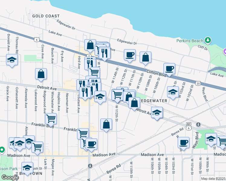 map of restaurants, bars, coffee shops, grocery stores, and more near 1346 West 112th Street in Cleveland