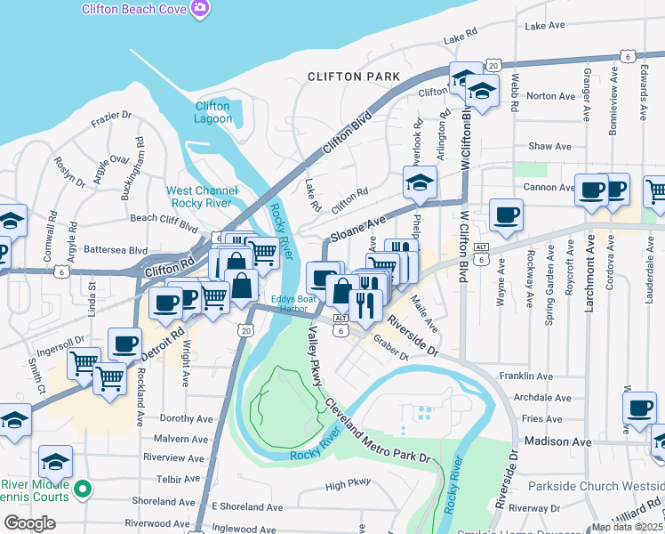 map of restaurants, bars, coffee shops, grocery stores, and more near 1329 Sloane Avenue in Lakewood