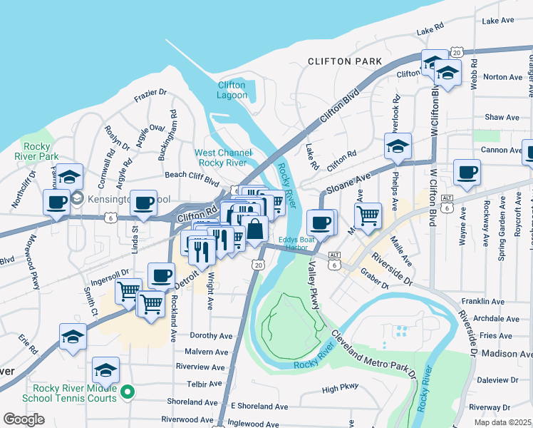 map of restaurants, bars, coffee shops, grocery stores, and more near 19000 Lake Road in Rocky River