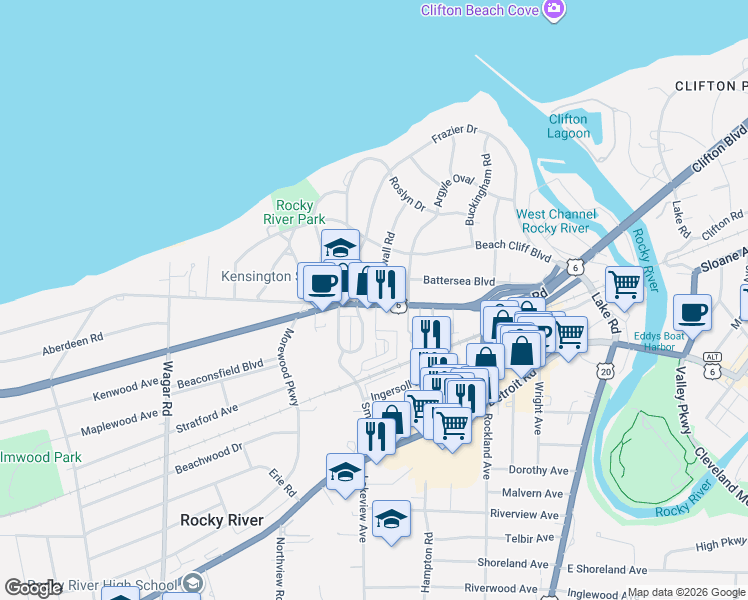 map of restaurants, bars, coffee shops, grocery stores, and more near 386 Cornwall Road in Rocky River