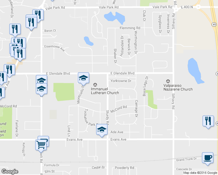 map of restaurants, bars, coffee shops, grocery stores, and more near 2005 Chamblee Drive in Valparaiso