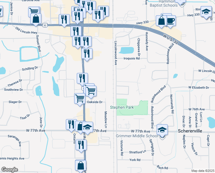 map of restaurants, bars, coffee shops, grocery stores, and more near 2115-2125 Meadow Lane in Schererville