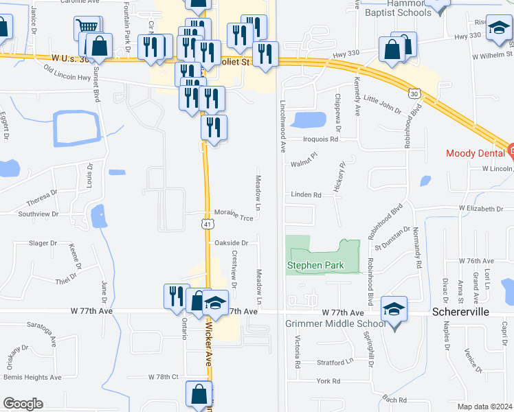 map of restaurants, bars, coffee shops, grocery stores, and more near 2120-2130 Meadow Lane in Schererville