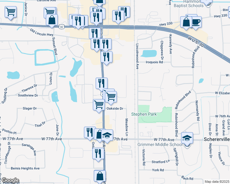 map of restaurants, bars, coffee shops, grocery stores, and more near 2021 U.S. 41 in Schererville