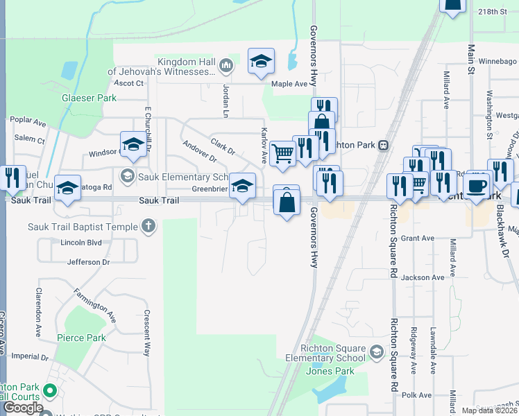 map of restaurants, bars, coffee shops, grocery stores, and more near 4137 Sauk Trail in Richton Park
