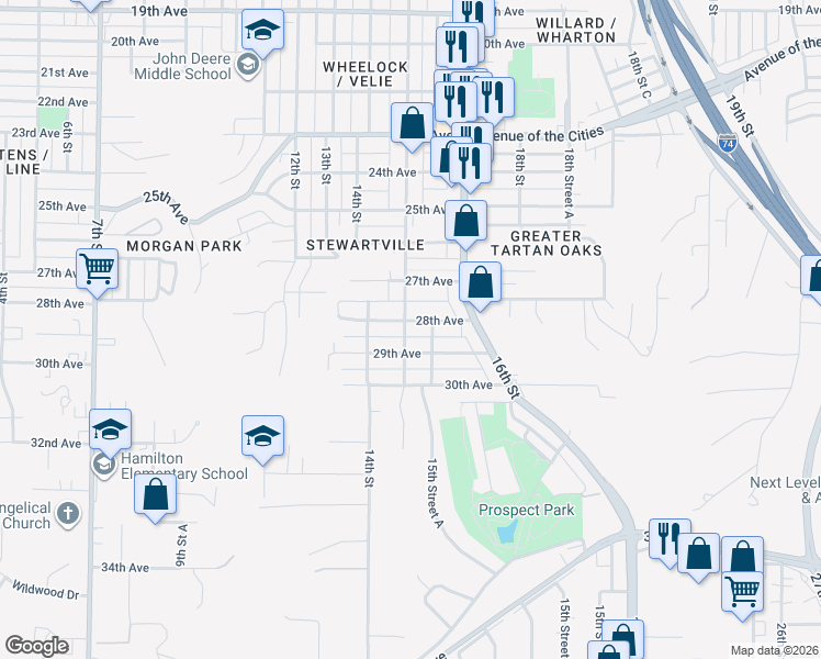 map of restaurants, bars, coffee shops, grocery stores, and more near 2801 15th Street in Moline