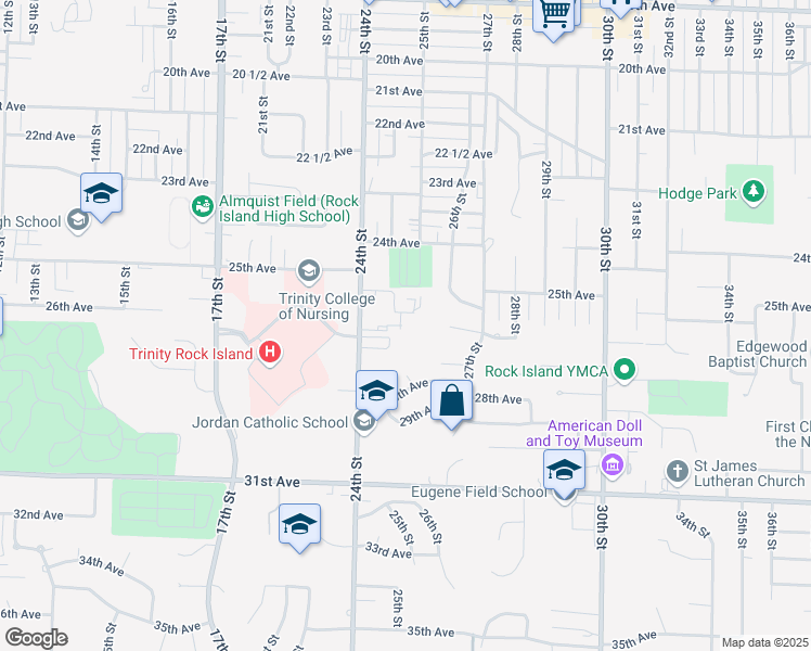 map of restaurants, bars, coffee shops, grocery stores, and more near 2500 26th Avenue Court in Rock Island
