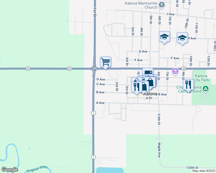 map of restaurants, bars, coffee shops, grocery stores, and more near 110 C Avenue in Kalona